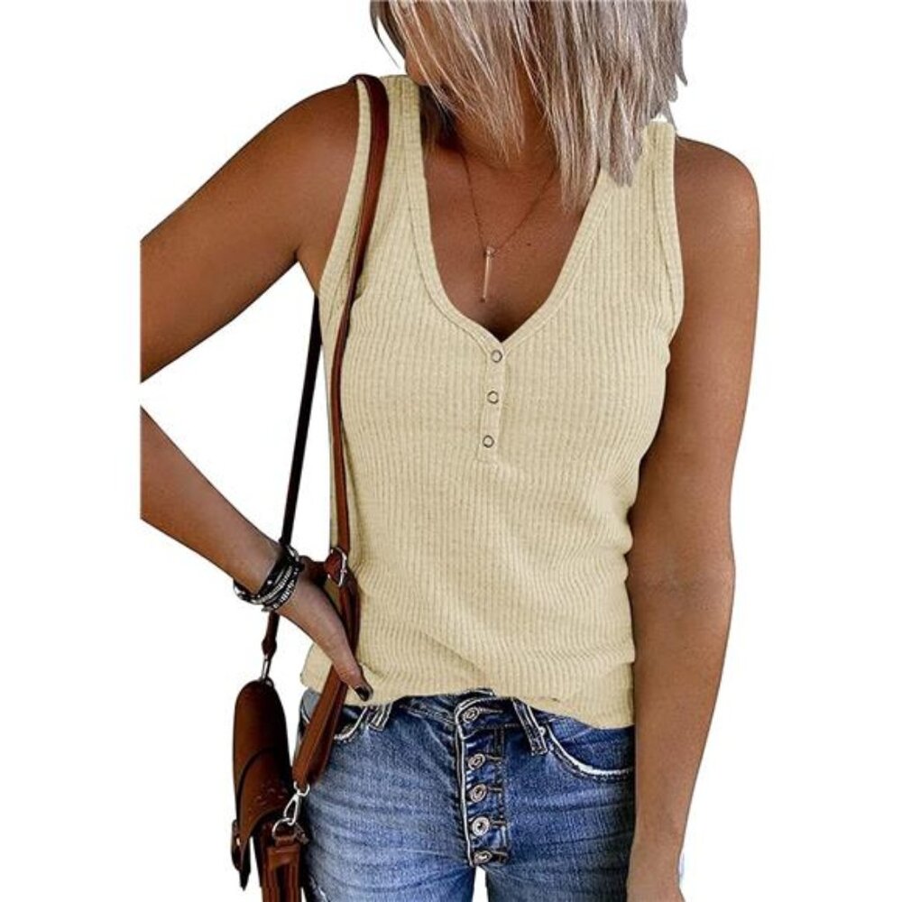 Women's Apricot V Neck Tank Tops Summer Sleeveless Ribbed Button Casual T-shirts